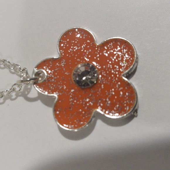 Silver-Tone Chain Flower Pendant Necklace – Glitter Enamel & Crystal Center - Picture 7 of 8